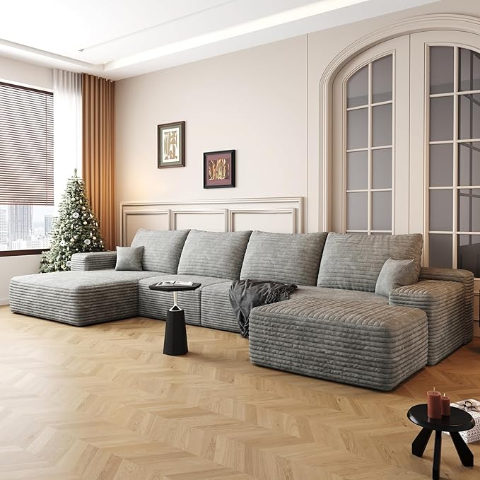 135.4" Large Cloud Modular Sectional Couch with Ottoman, Minimalist Upholstered Couches, Comfort U Shaped Sofa for Living Room,Deep Seat Corner Couch，No Assembly Required (Grey,Left Facing Chaise)