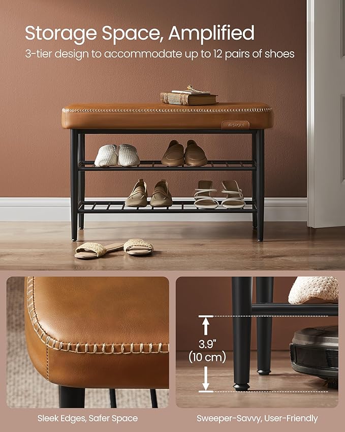 VASAGLE EKHO Collection - Shoe Rack Bench, Storage Bench for Entryway, Synthetic Leather with Stitching, Mid-Century Modern, Loads 300 lb, 11.8 x 31.5 x 19.7 Inches, Caramel Brown ULSB054K01