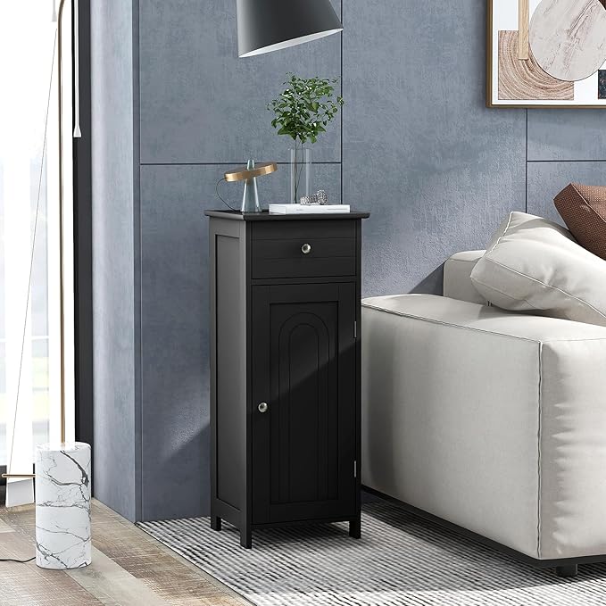 LOKO Bathroom Floor Cabinet, Modern Single Door Storage Cabinet with Drawer & Adjustable Shelves, Corner Narrow Storage Organizer for Living Room, Entryway (Black)