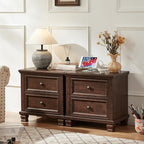 Farmhouse Nightstand with Charging Station, Rustic Low Night Stand with 2 Drawers, Mid-Century Modern End Table with 4 Square Solid Wood Legs, Small Dresser for Bedroom, Home, Walnut