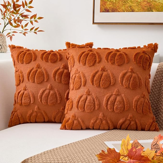 Kevin Textile Fall Pillow Covers 20x20 Inch Set of 2 Soft Pumpkins Decorative Square Pillowcases Plush Autumn Faux Fur Cushions Harvest Gift for Couch Sofa Chair Bedroom Home Decor, Brown