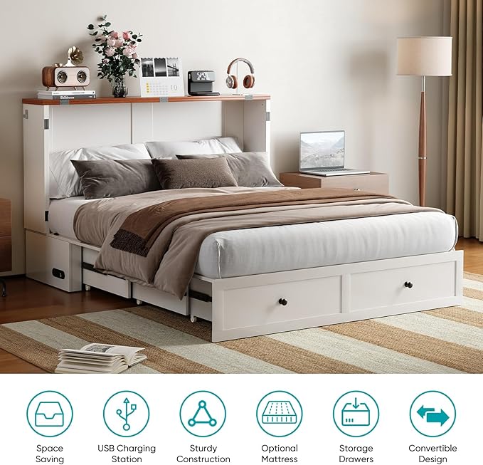 BALUS Full Size Cabinet Bed with Tri-Folding Mattress, 57’W Murphy Bed with USB Charging Station & 2 Storage Drawers, Full Murphy Cabinet Beds for Living Rooom, Apartment, Home Office, Bedroom-White