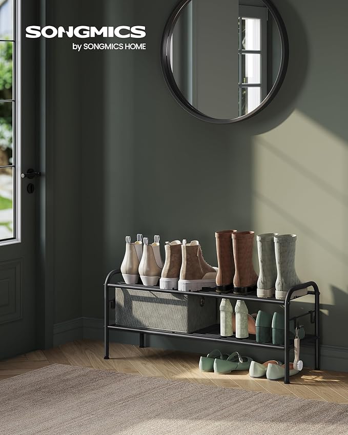 SONGMICS Shoe Rack, 2-Tier Shoe Organizer, Metal Shoe Shelf Storage with 4 Side Hooks, Holds 10 Pairs of Shoes, Height-Adjustable Shoe Rack for Entryway, Hallway, Closet, Easy Assembly, Ink Black