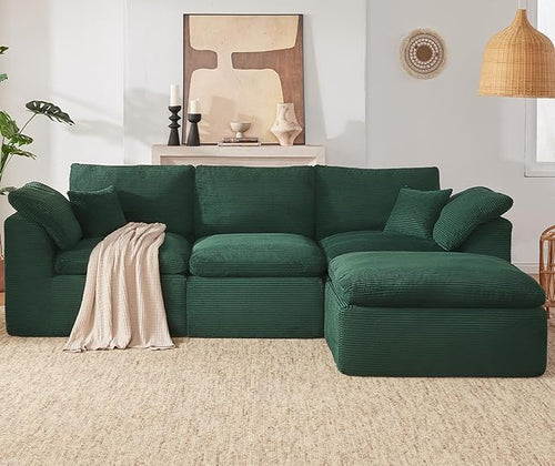 112" Cloud Sectional Couch, Boneless couches for Living Room, L Shaped Couch with Convertible Ottoman, Modular Sectional Sofa with Deep Seat, Comfy Soft Cushions, No Assembly, Green