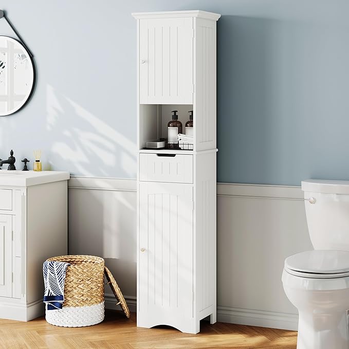 ChooChoo 67" Tall Bathroom Storage Cabinet Freestanding with Adjustable Shelves, Narrow Storage Linen Cabinet with 2 Doors and 1 Drawers for Bathroom, Living Room, Kitchen, White