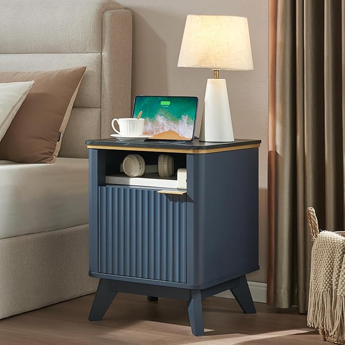 QUW Fluted Nightstands with Charging Station, 18" Modern Side Table, Wooden Bedside Table with Faux Marble Top, Open Storage, Cabinet, End Table for Bedroom, Living Room, Navy Blue