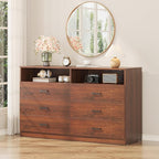 Bigbiglife 6 Drawers Dresser for Bedroom Wooden Drawer with Open Storage Cubby, Double Wide Dresser Organizer for Bedroom, Living Room, Entryway, Hallway (Walnut Brown)