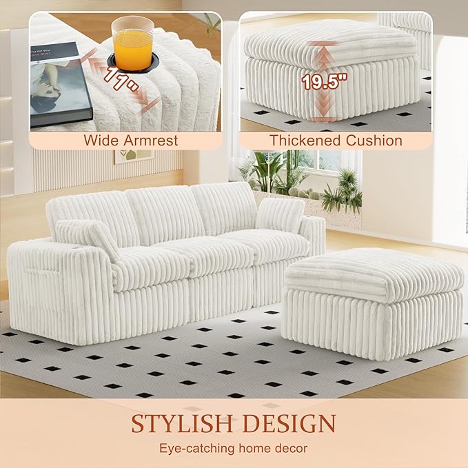 114" Cloud Boneless Sectional Couches for Living Room, Modular Sectional Sofa with Cup Holder, Cozy Fluffy L Shaped Deep Seat Boneless Couch with Storage Pocket, No Assembly Required, White