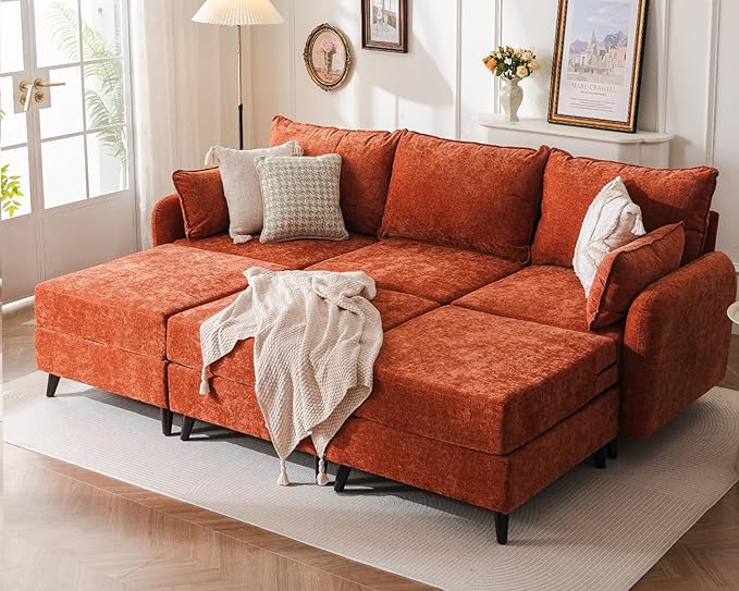 104'' Modular Sectional Sofa with All Seats Storage, Oversized Sleeper Sofa Bed for Living Room,3-Seater Comfy Cloud Couches with Movable Ottoman,Big Sectional for Bedroom,Velet,Orange