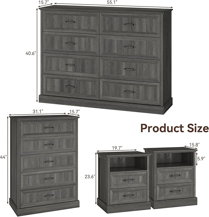 Farmhouse Dresser and Nightstand Sets, 4Pcs Bedroom Furniture Set, Nightstand Set of 2 & 55" Wide 8 Drawer and 44" Tall 5 Drawer Dresser with Large Drawers & Bar Handles, Grey