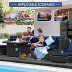 NICESOUL 10 Piece L-Shaped Outdoor Furniture Conversation with Fireplace Natural Gas/Propane, 29.3'' High Back Oversized Rattan Sofa Couch, Wide Deep Seated Patio Sectional, 2 Color Cushion Navy&Grey