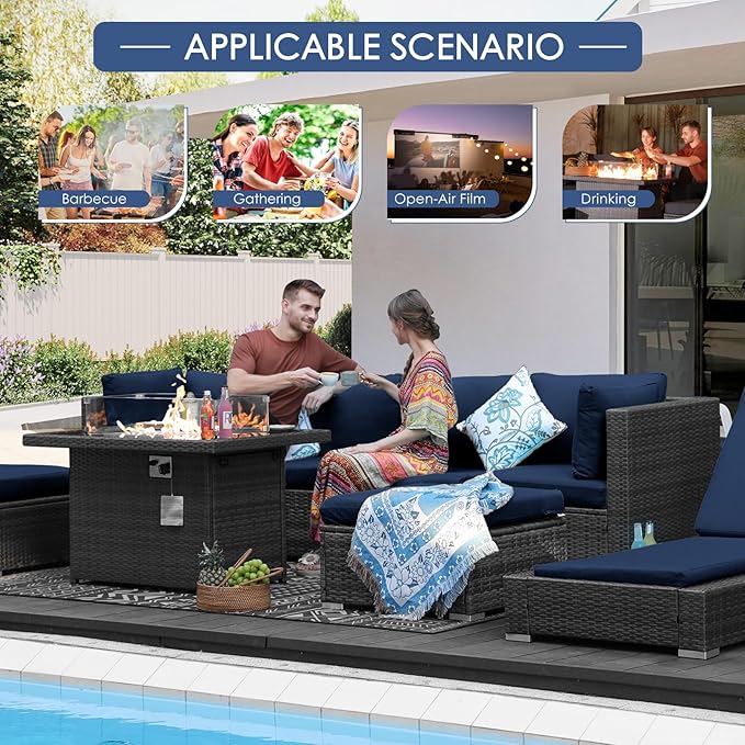 NICESOUL 10 Piece L-Shaped Outdoor Furniture Conversation with Fireplace Natural Gas/Propane, 29.3'' High Back Oversized Rattan Sofa Couch, Wide Deep Seated Patio Sectional, 2 Color Cushion Navy&Grey