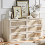 LEYAOYAO Rattan 6 Drawer Dresser for Bedroom Set of 2, Boho 54" Wide White Dresser Chest of Drawers, Dressers TV Stand with Metal Handle, Storage Dressers Closet Organizer for Living Room, Hallway