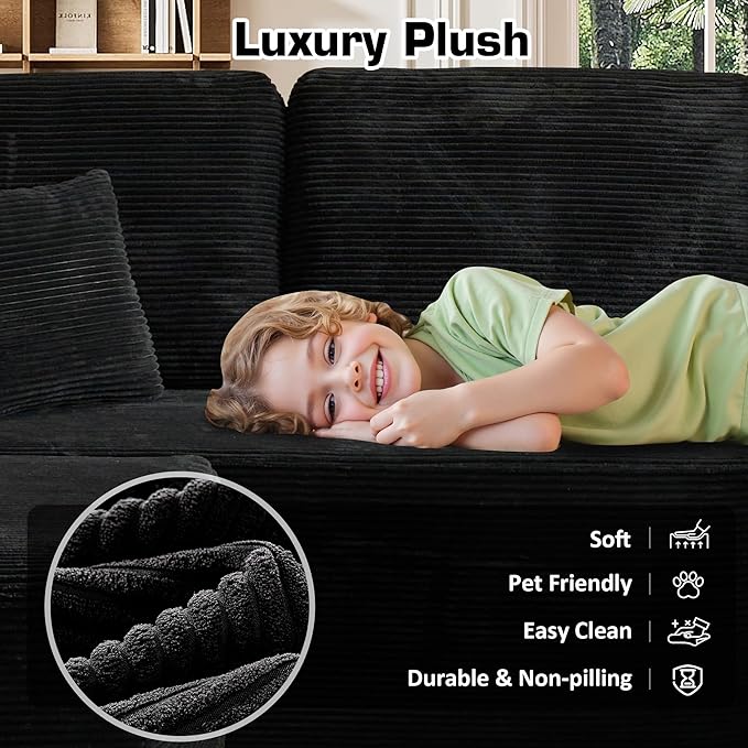 106" Cloud Sectional Couch with L-Shape Chaise & Ottoman, No Assembly Modular Sofa, Deep Seat Corduroy Boneless Couched for Living Room (Black Stripe Corduroy, Right Facing Chaise with Ottoman)