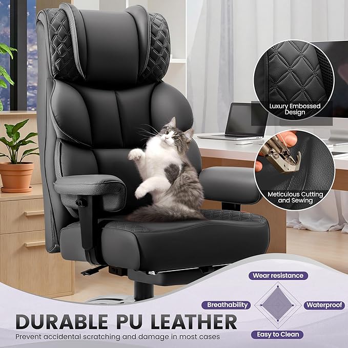 Office Desk Chair, Big and Tall Leather Gaming Chair with Footrest, Wide Ergonomic Comfy Executive High-Back Reclining Computer Chairs, Swivel Rolling Wheels and Lumbar Support, Matte Black