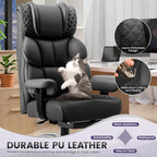 Office Desk Chair, Big and Tall Leather Gaming Chair with Footrest, Wide Ergonomic Comfy Executive High-Back Reclining Computer Chairs, Swivel Rolling Wheels and Lumbar Support, Matte Black