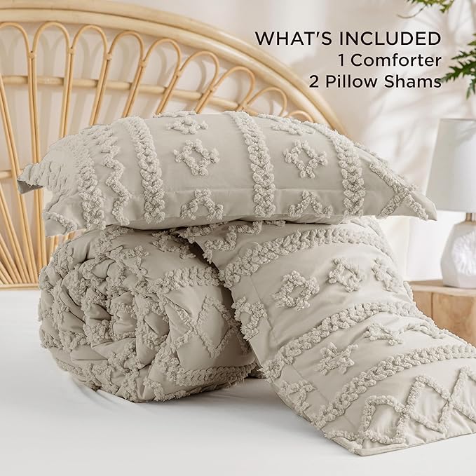 Bedsure Tufted Boho Comforter Set Full Size - Linen Boho Bed Set, GentleSoft™ 3 Pieces Farmhouse Shabby Chic Embroidery Bedding, Gifts for Woman, Soft Jacquard Full Comforter for All Seasons