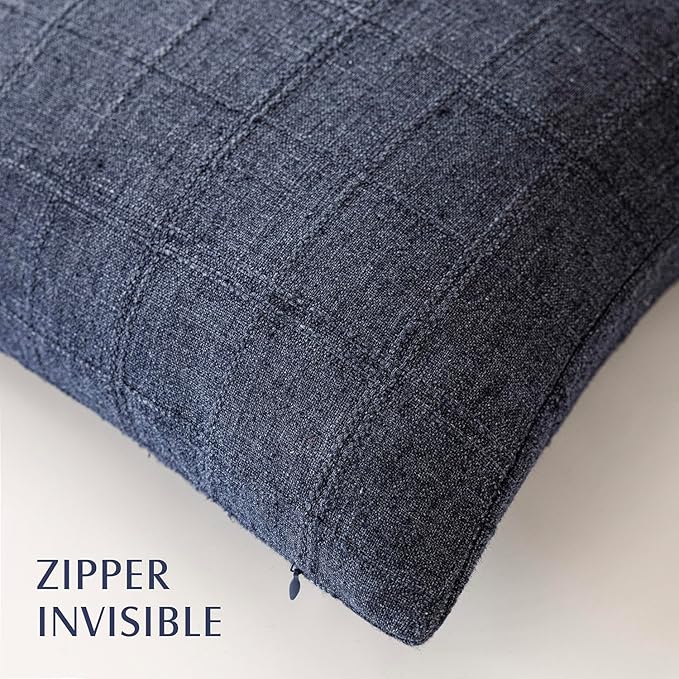Foindtower Set of 2 Decorative Linen Check Throw Pillow Covers Neutral Farmhouse Vintage Cushion Covers Modern Boho Home Decor for Sofa Chair Couch Bedroom Living Room,16×16 Inch,Navy Blue