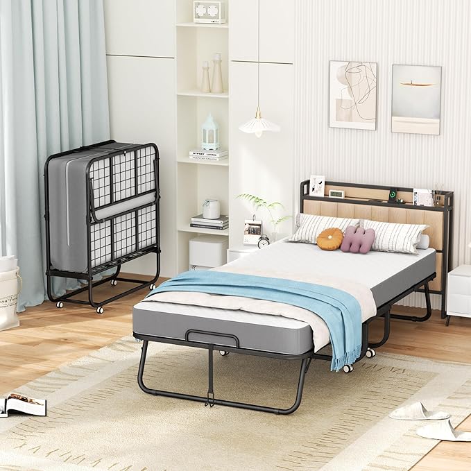 INTERGREAT Folding Bed with Mattress, 75" x 38" - 5" Thick Memory Foam Mattress, Twin Size Portable Beds for Adults, Metal Bed Frame on Wheels for Guest, Space Saving Roll Away Beds for Easy Storage