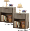 LEYAOYAO Fluted Farmhouse Nightstand Set of 2 with Charging Station, 23" Wide 1 Drawers End Table,Grey Dresser for Bedroom,Bed Side Table Chest of Drawers Cabinet,Wood Night Stand for Living Room