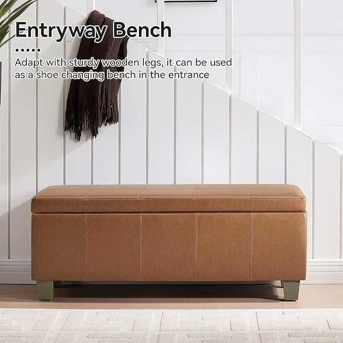 41" Faux Leather Storage Ottoman, Stitch Tufted Rectangle Upholstered End of Bed Storage Bench, Entryway Large Couch Ottoman with Wooden Legs, Light Brown