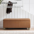 41" Faux Leather Storage Ottoman, Stitch Tufted Rectangle Upholstered End of Bed Storage Bench, Entryway Large Couch Ottoman with Wooden Legs, Light Brown