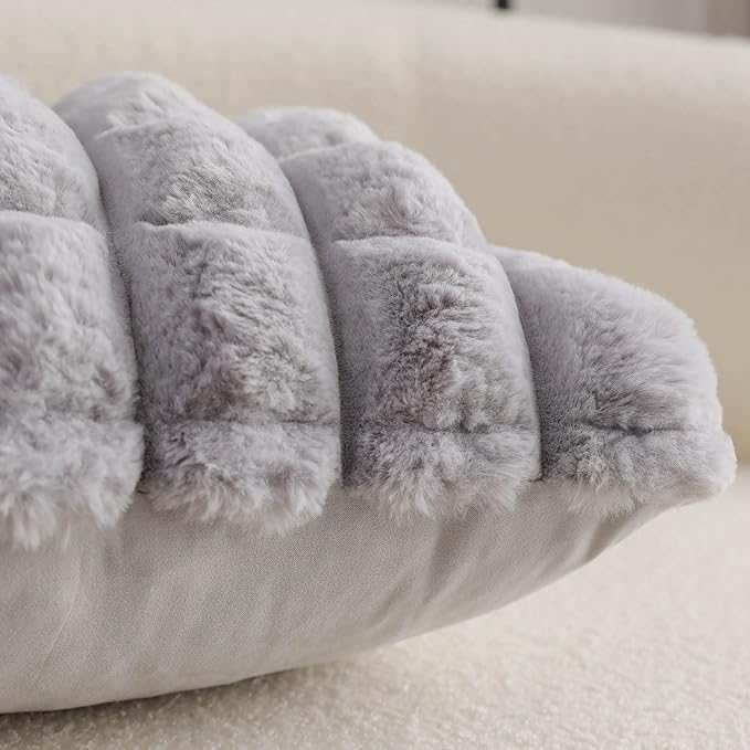 Neelvin Grey Faux Fur Cozy Soft Plaid Decorative Throw Pillow Covers 16x16 inch Set of 2,Velvet Pillowcase Cushion Case for Sofa Couch
