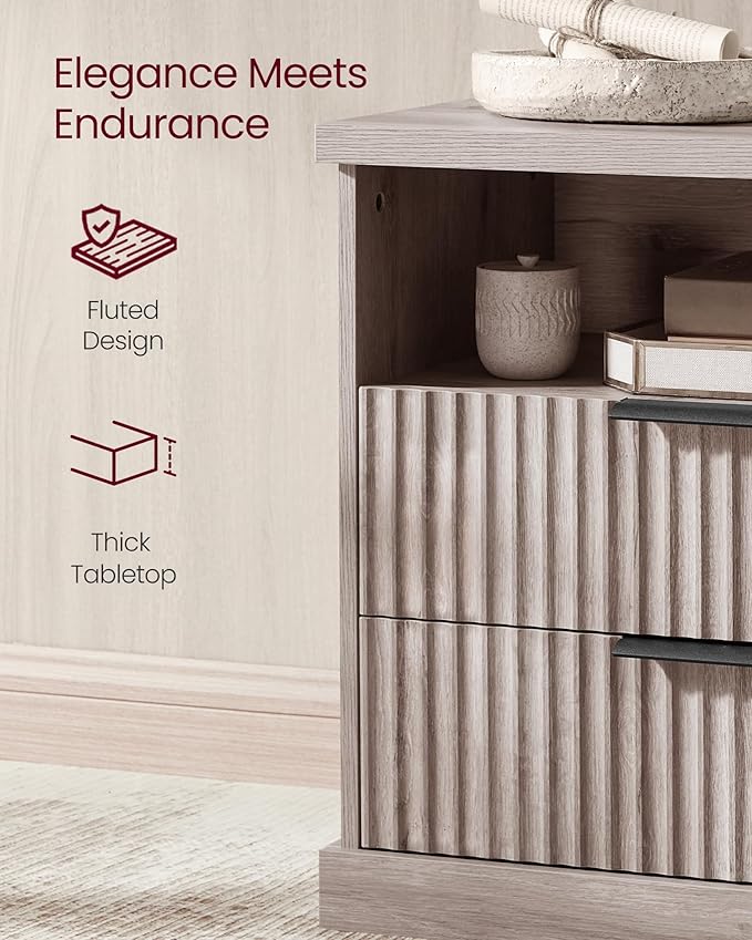 VASAGLE MAXE Collection - Set of 2 Nightstands with Charging Station, Fluted Night Stand, Bedside Table, Mid Century Modern Side End Table, 2 Drawers, 2 AC Outlets, 2 USB Ports, Washed Gray ULET926G01