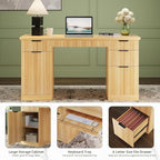 FURSUN 58" Fluted Modern Desk with Storage, Home Office Desk with 1 File Cabinet & 5 Drawers, Wood Executive Computer Writing Desk for Study, Living Room, Bedroom, Natural Oak