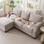 85'' L Shaped Couch with Armrest Organizer,3 Seats Sofas with Storage Ottoman,Comfy Sectional Sofa with Thick Cushion,Chenille Sectional Couches for Living Room,Bedroom,Apartment,Khaki