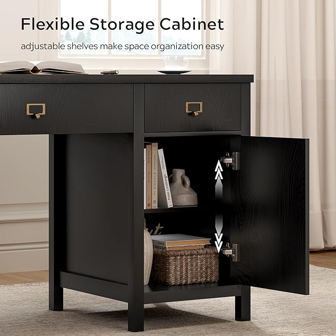 59" Executive Desk with File Drawers Cabinet, Modern Computer Desk with Charging Station, Keyboard Tray, Large Home Office Desk, Farmhouse Wood Desk for Study, Writing, Black