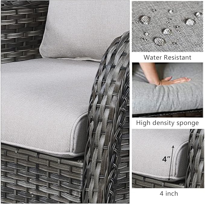 HUMMUH Outdoor Swivel Rocker Wicker Patio Chairs High Back PE Rattan Glider Chairs 4PCS Patio Furniture Set(Grey,Grey)
