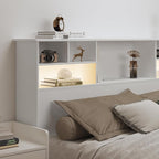 Queen/Full Size Headboard Only for Bedroom, Wood Bookcase Headboard with Charging Station & 2 LED Lights, Stylish Headboards for Queen Size Bed, Noise-Free HeadBoard with Storage, White
