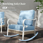6 Piece Metal Outdoor Patio Furniture Set, Patio Conversations Set 3-Seater Sofa, 2-Seater Sofa, 2 Rocking Chair with 5.75" Thick Cushion & Coffee Table White Backyard Furniture, Blue
