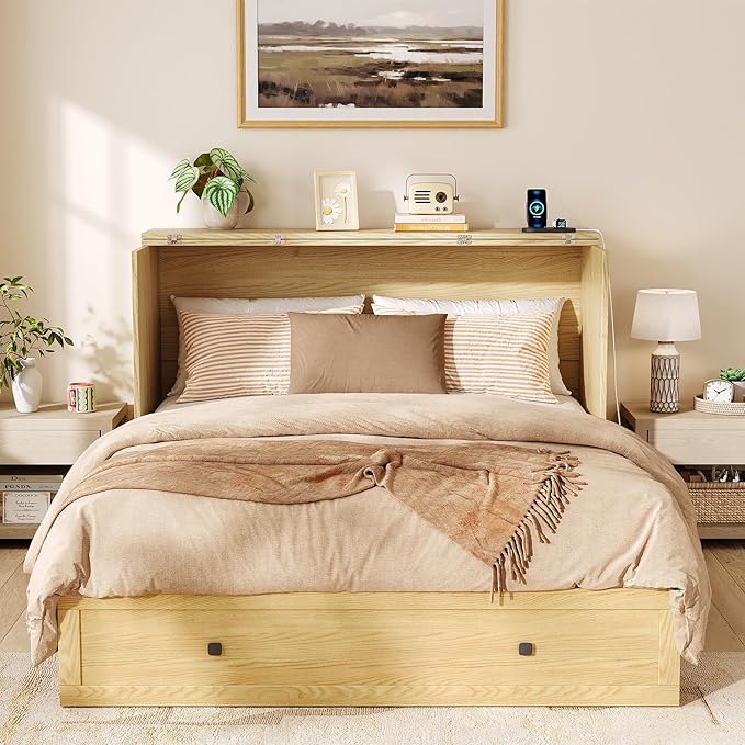 Murphy Bed Queen with Storage & Charging Station, Murphy Cabinet with Foldable Panel, Noisy Free, for Guest Bedroom, Living Room, Office, Distressed,Natural