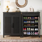 Tribesigns Shoe Cabinet, 5-Tier Shoe Storage Cabinet with Louvered Doors and Drawer, Freestanding Wooden Shoe Rack Organizer with Adjustable Shelves for Entryway, Hallway, Closet, Black