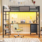 ADORNEVE Loft Bed Twin Size with L-Shaped Desk, LED Lights,Charging Station, Twin Metal Loft Bed Frame with Fabric Drawers & Shelve, 13.4" H Safety Guardrail, No Box Spring Needed, Grey