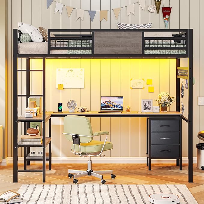 ADORNEVE Loft Bed Twin Size with L-Shaped Desk, LED Lights,Charging Station, Twin Metal Loft Bed Frame with Fabric Drawers & Shelve, 13.4" H Safety Guardrail, No Box Spring Needed, Grey