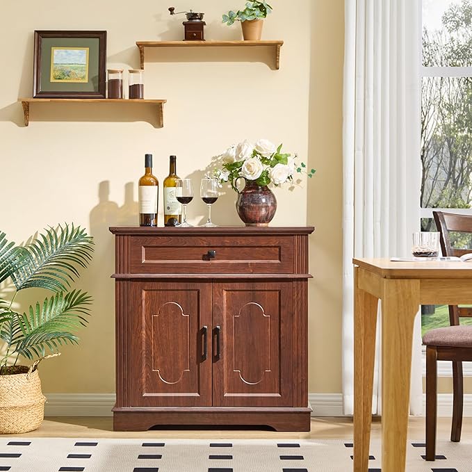Farmhouse Storage Cabinet with 2 Doors and 1 Drawer, Adjustable Shelf, Freestanding Kitchen Pantry Cabinet, Modern Buffet Sideboard Coffee Bar Cabinet Living Room Bathroom Dining Room Cherry