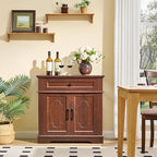 Farmhouse Storage Cabinet with 2 Doors and 1 Drawer, Adjustable Shelf, Freestanding Kitchen Pantry Cabinet, Modern Buffet Sideboard Coffee Bar Cabinet Living Room Bathroom Dining Room Cherry