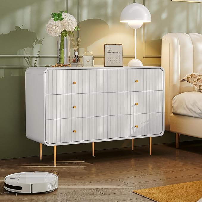 HLR White Dresser for Bedroom,48'' Wide Wood Chests of Drawers,Modern Fluted 6 Drawer Dresser with Gold Metal Handles,Clothes Deep Drawer Dressers Storage for Living Room,Hallway