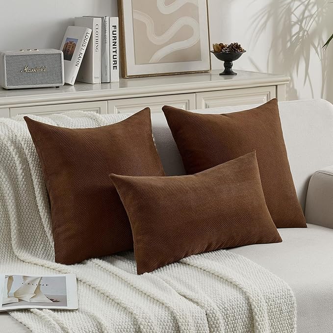 FUTEI Dark Brown Chenille Throw Pillow Covers 18x18 Inch Set of 2,Soft Wide Chevron Textured Cushion Case,Farmhouse Home Decor for Couch Bed Living Room