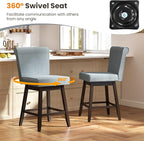 COSTWAY Swivel Bar Stools Set of 2, 27" Counter Height Bar Chairs with Rubber Wood Legs, Upholstered Linen Barstools with Back & Cushioned Seat, for Kitchen Island, Home, Grey