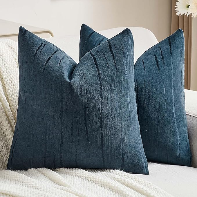 FUTEI Navy Blue Chenille Decorative Throw Pillow Covers 22x22 Inch Set of 2,Soft Embossed Striped Textured Cushion Case,Modern Home Decor for Couch Bed Living Room