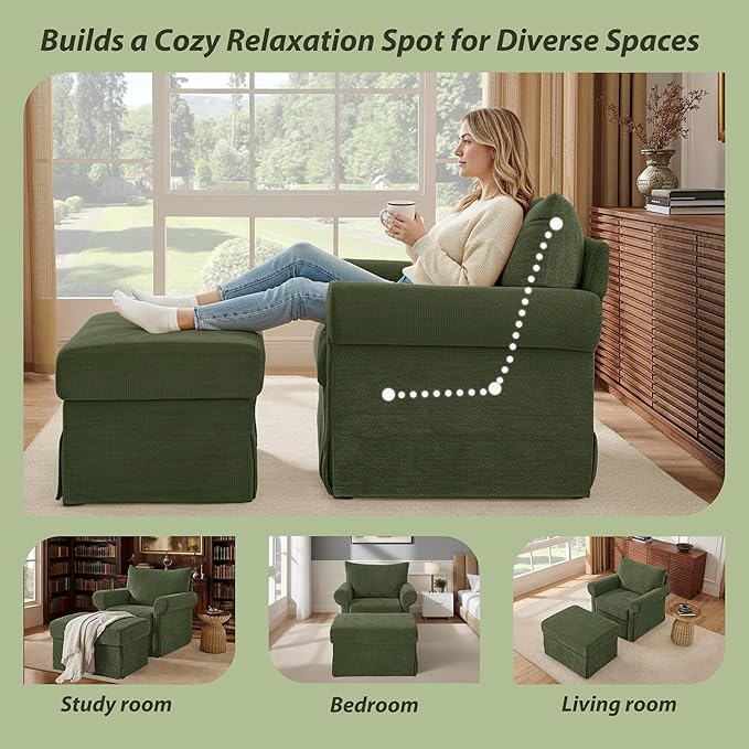 Modern Accent Chairs with Ottoman Set, Comfy Chenille Reading Armchair with Rolled Arms and Cushion Backrest, 35.8" W Chaise Lounge Chair for Living Room, Bedroom, Study, Apartment, Green