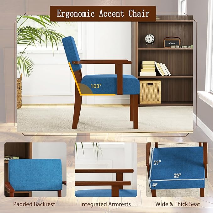 KOMFOTT Upholstered Accent Chair, Mid-Century Modern Armchair with Rubber Wood Frame, Linen Fabric Living Room Chair with Padded Seat & Backrest, Comfy Reading Chair for Bedroom, Waiting Room, Blue