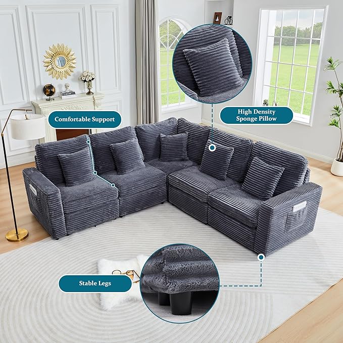Oversized Corner Modular Sectional Sofa, L Shape Plush Corduroy Fluffy Sectional Couch with Pillows, 5 Seat Modular Sofa with Deep Seat for Living Room-Blue Grey