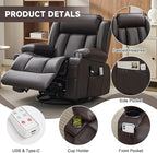 Power Swivel Rocker Recliner Chair with Heat and Massage, USB and Type-C Charging Port, Electric Glider Rocking Chairs, Oversized Recliner Chairs for Adults(Leather, Dark Brown)