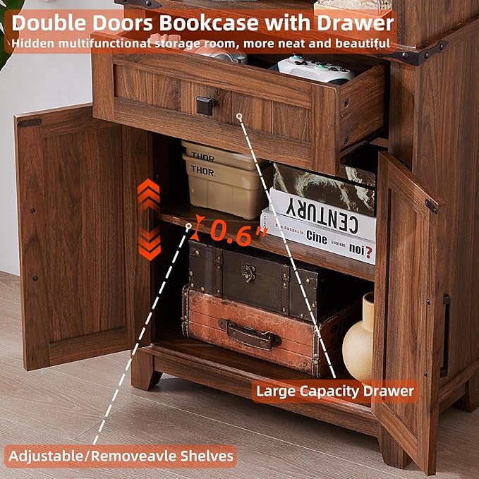 72in Tall Bookshelf 7 Tier Bookcase with Drawer and Barn Doors and Adjustable Shelves, Brown Farmhouse Book Shelf with Storage Cabinet, Wood Freestanding Display Bookshelves for Kitchen (2PCS)