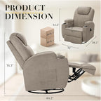 Recliner Chair, 360° Swivel Rocker Chair for Adults, Rocking Recliner Chair with Massage, Comfy Single Sofa with Side Pockets Cup Holders for Living Room, Bedroom, Nursery (Fabric, Khaki)